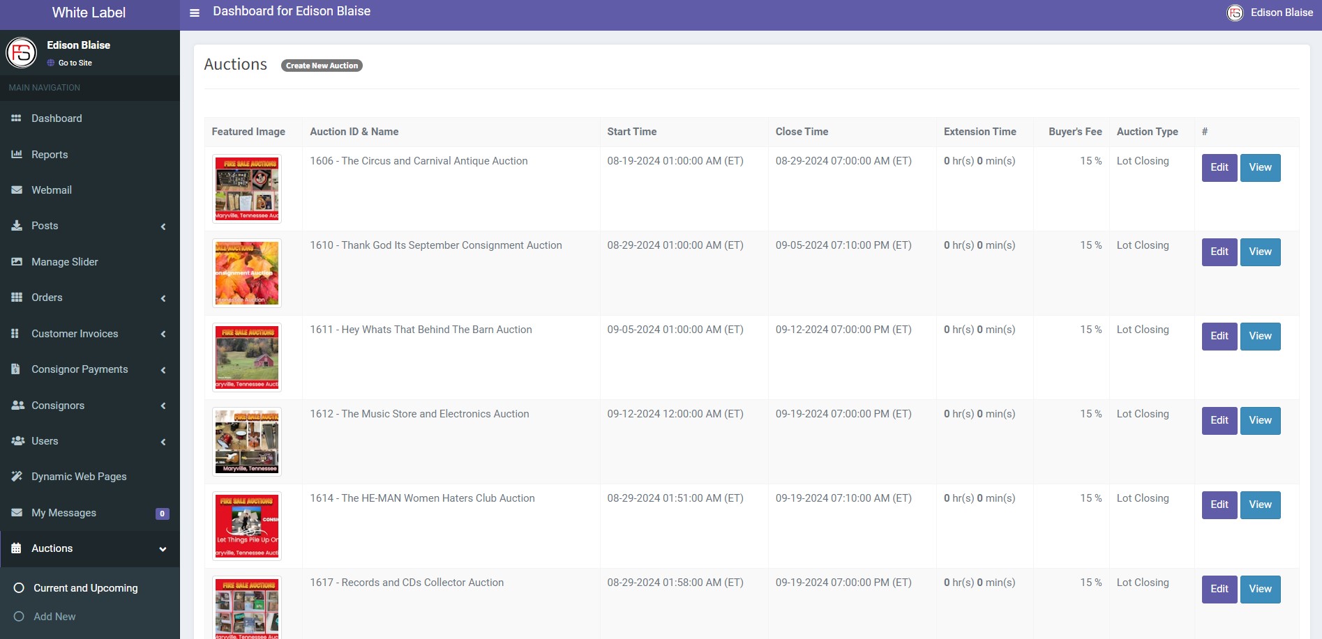 Auction Setup Page for FireSale